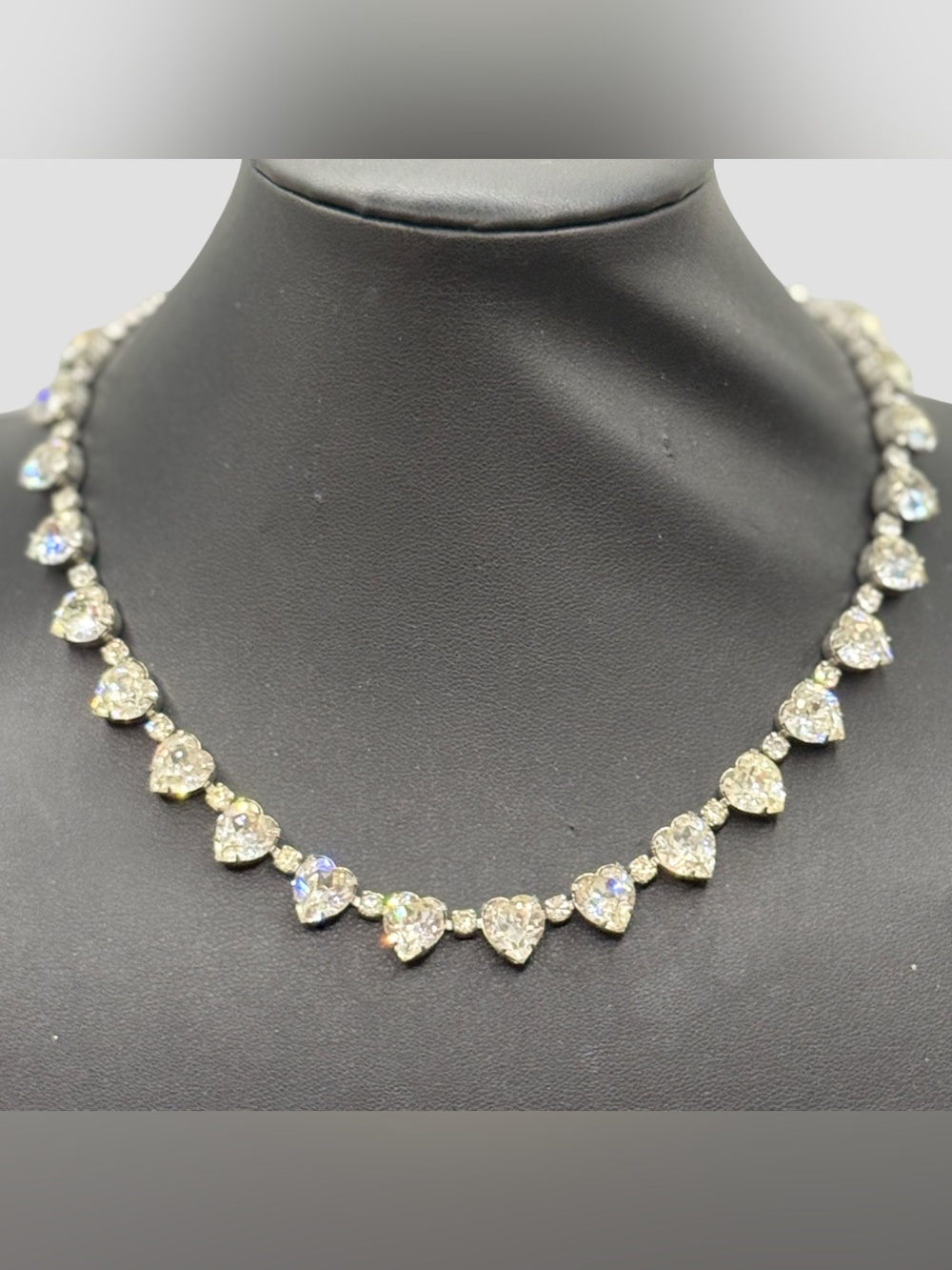 Rare 1950s Kramer "Amour" Uniform Clear Rhinestone Heart Tennis Necklace